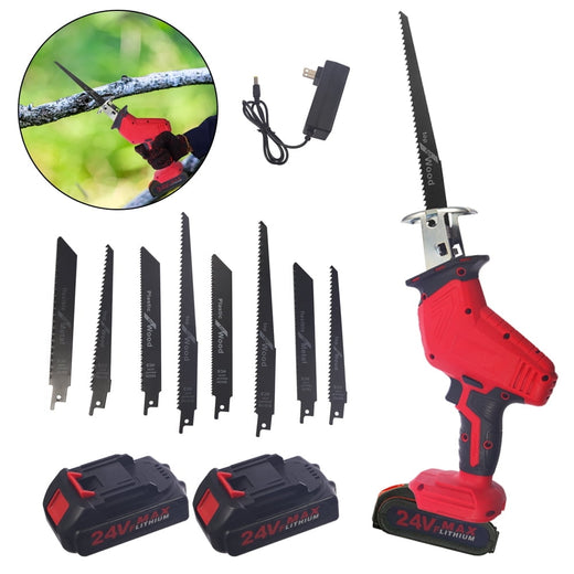 Cordless reciprocating saw: red reciprocating saw batteries charger and blades.