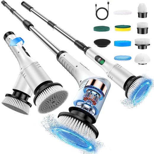 Cordless electric spin scrubber: spin scrubber handle and interchangeable heads.