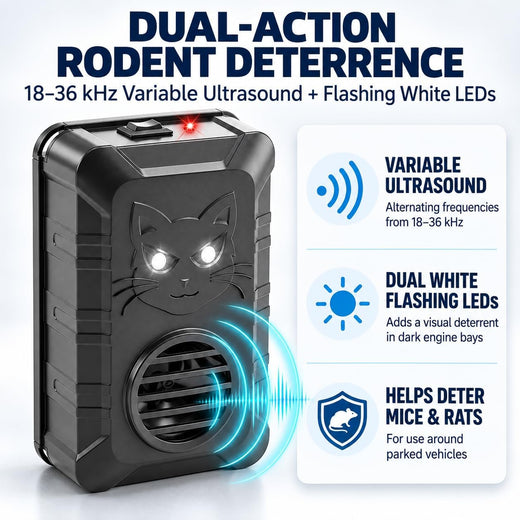 Under hood rodent repeller: under-hood repeller with ultrasonic and LED illustration.