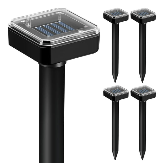 Solar gopher repellent stakes: four square-top solar deterrent stakes.