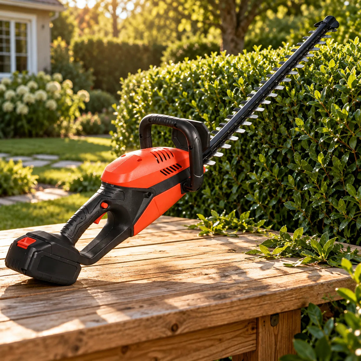 Cordless garden tool on a workbench beside a green garden
