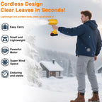 Yellow cordless leaf blower: blower used outdoors.