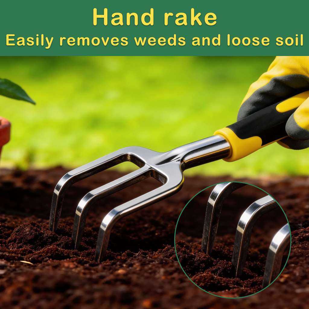 Garden tool set with bag: hand rake loosening soil.
