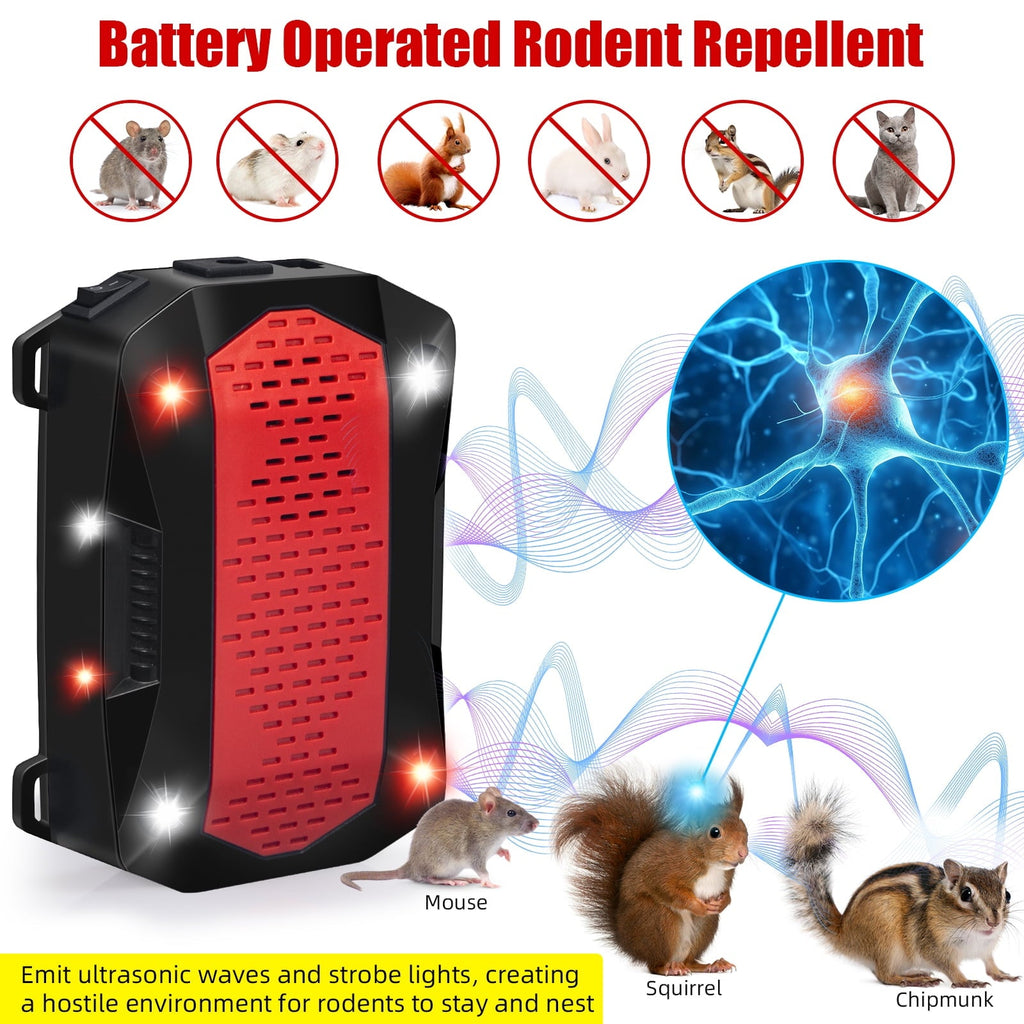 Vehicle rodent repeller: ultrasonic and flashing-light illustration.