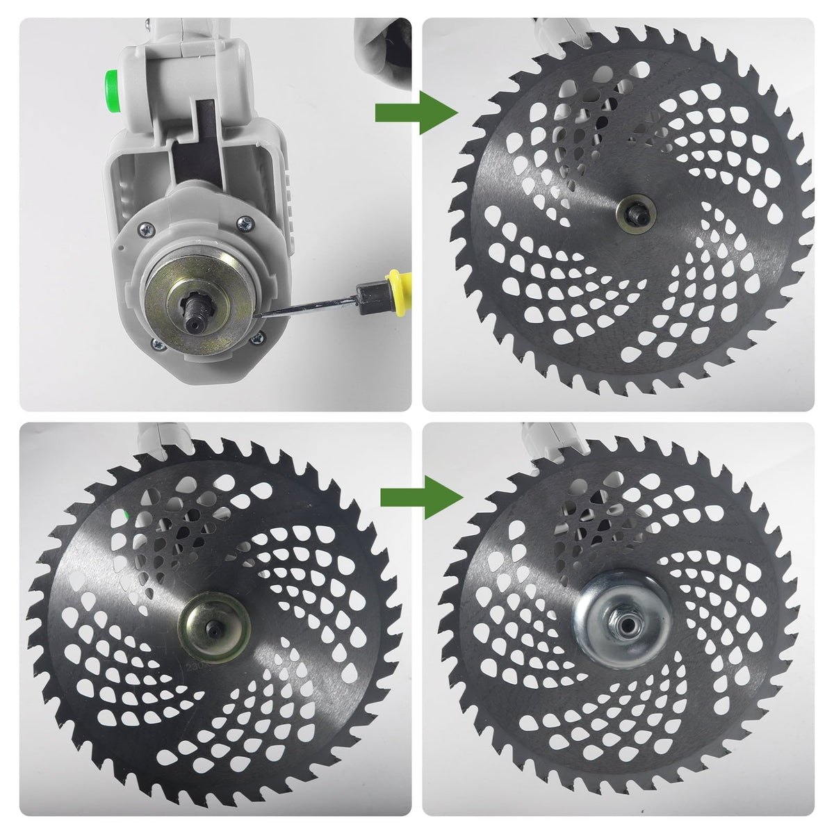 Brushless cordless trimmer: toothed blade attachment sequence.