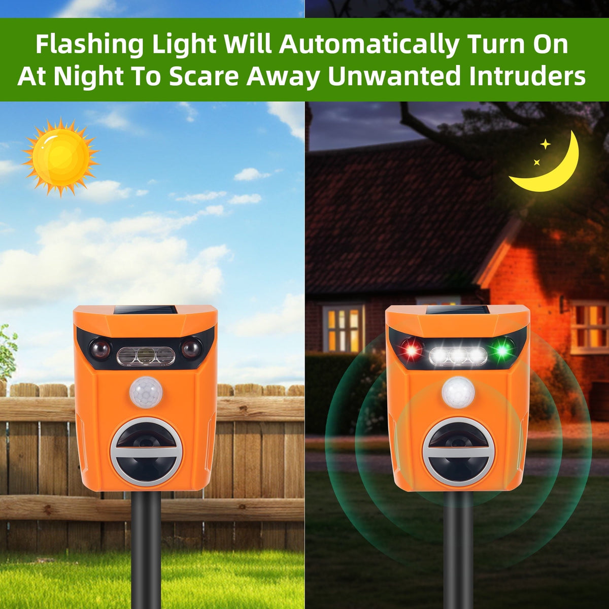 Solar ultrasonic animal repeller: day and night light operation.