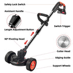 Cordless grass trimmer with wheels: labeled controls head guard and wheels.