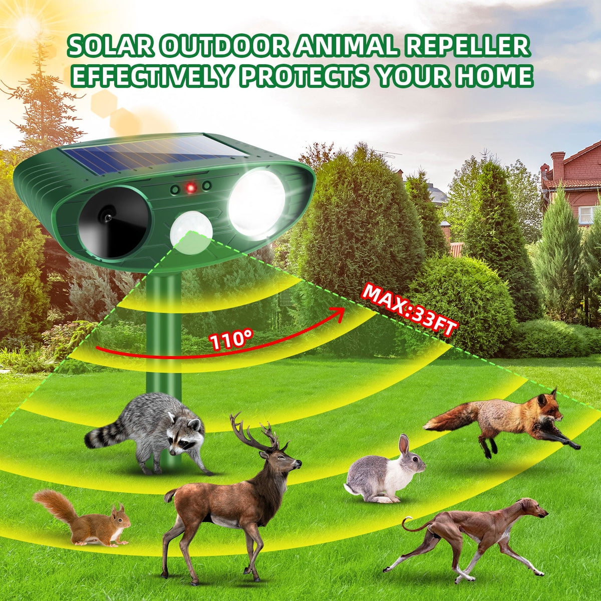 Solar strobe animal repeller: motion detection angle diagram.