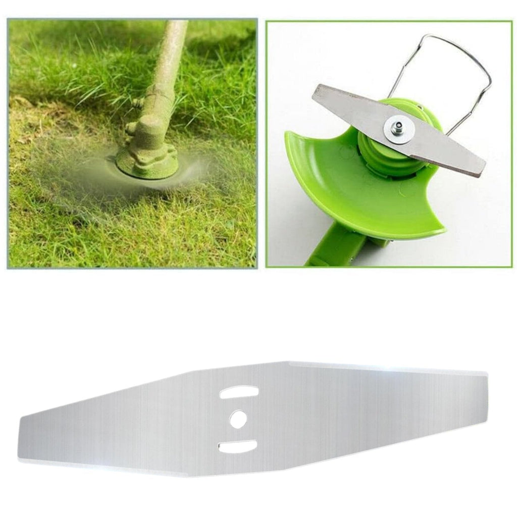 Metal string trimmer blades: blade and outdoor trimming examples.
