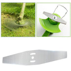 Metal string trimmer blades: blade and outdoor trimming examples.