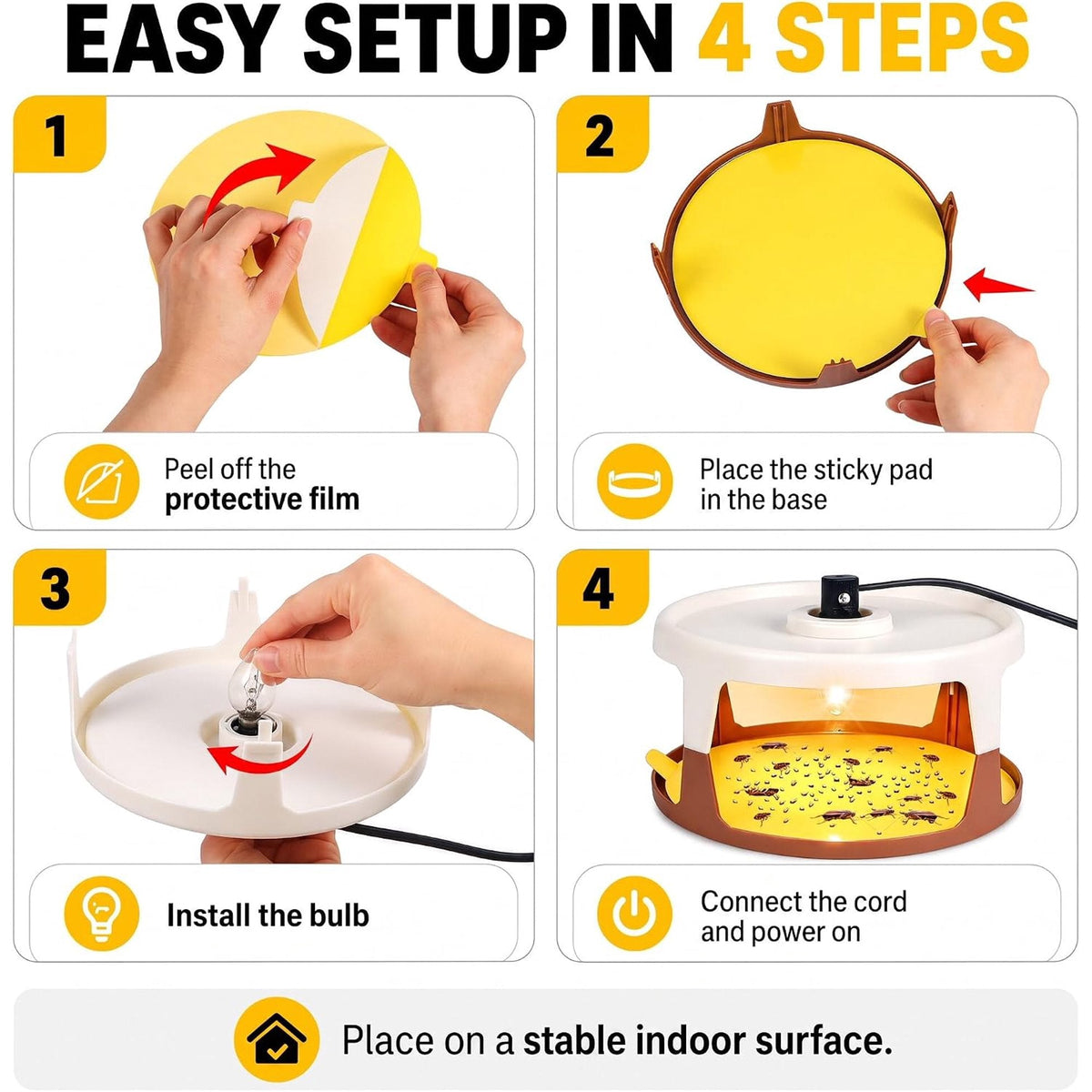 Indoor flea light trap: four-step trap setup.