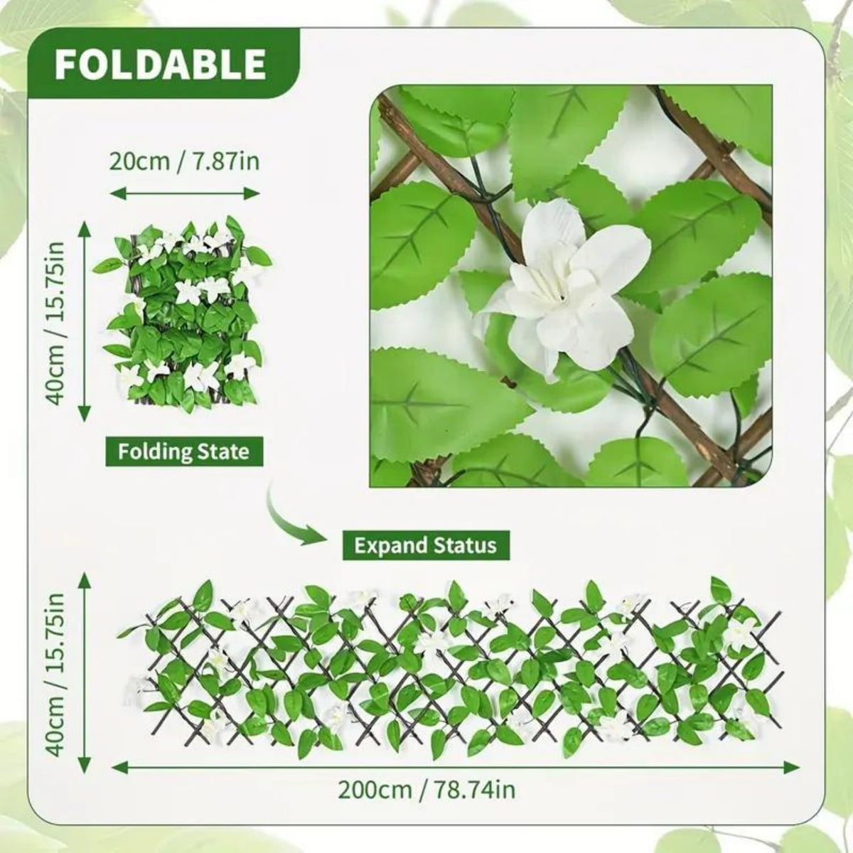Expandable ivy privacy fence: folded and expanded trellis dimensions.