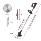 Black cordless grass trimmer: blade and trimmer dimensions.