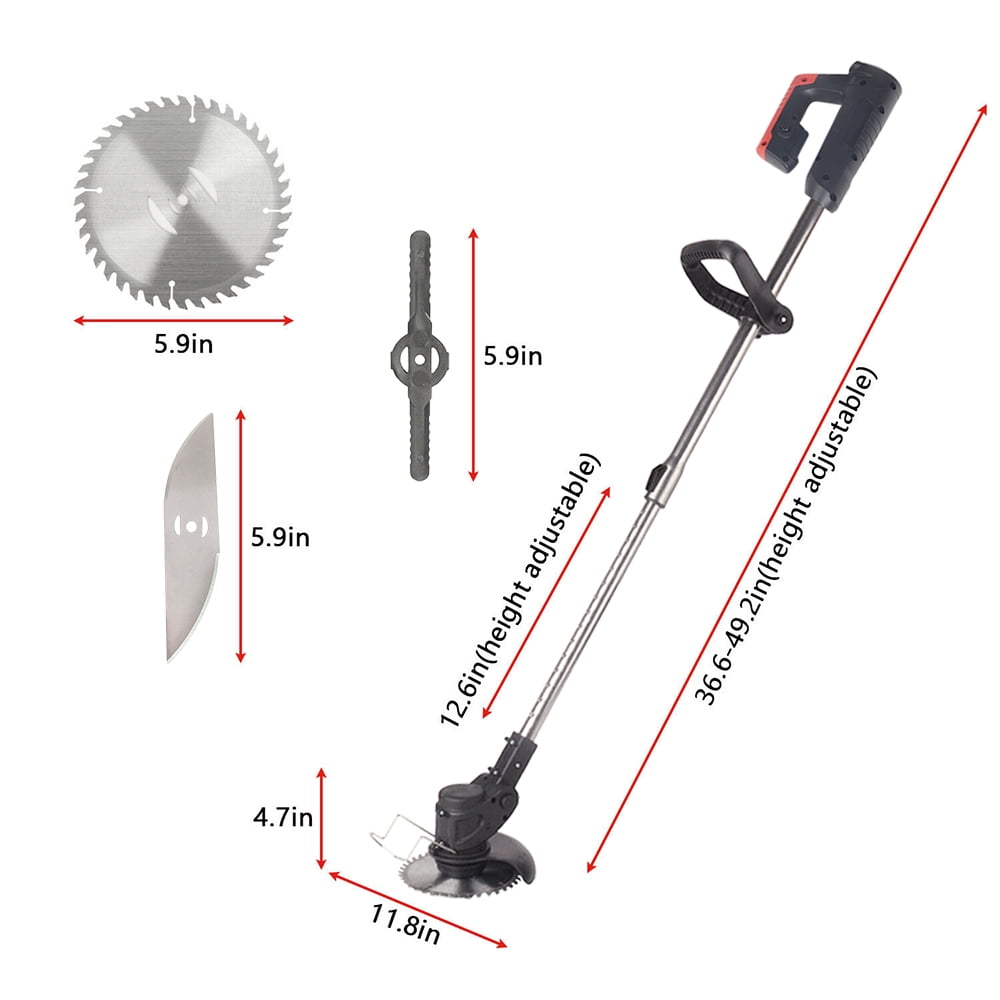 Black cordless grass trimmer: blade and trimmer dimensions.