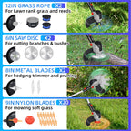 Cordless trimmer with wheels: cutting attachment types infographic.
