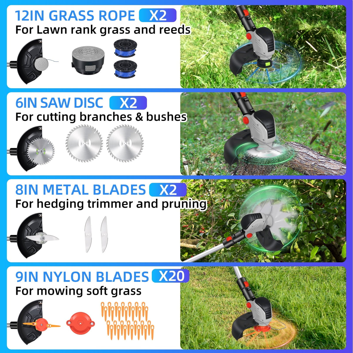 Cordless trimmer with wheels: cutting attachment types infographic.