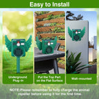 Motion sensor animal repeller: ground fence and wall mounting examples.