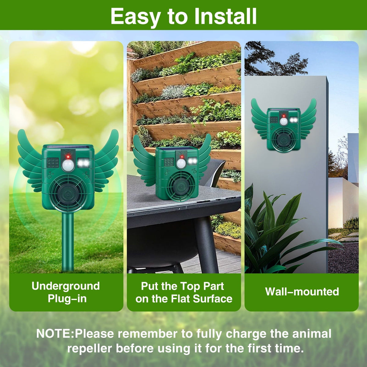 Motion sensor animal repeller: ground fence and wall mounting examples.