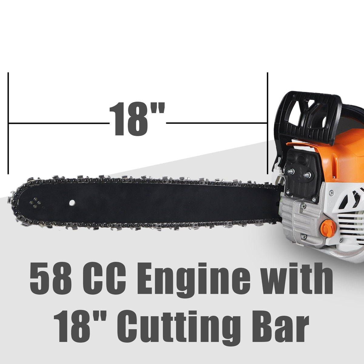 58cc gas chainsaw: guide-bar length illustration.