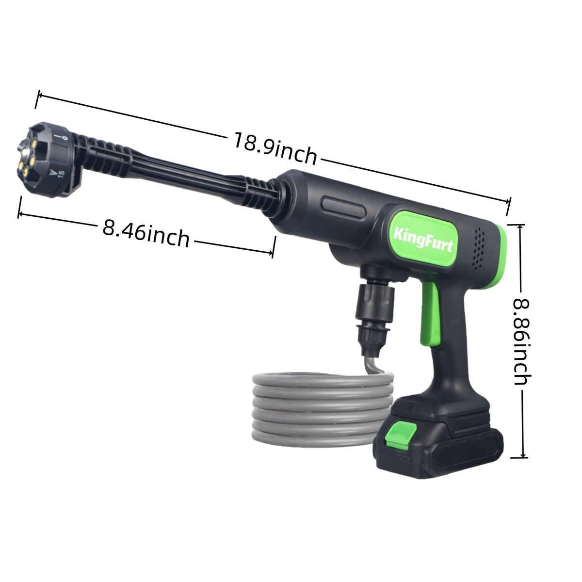 Cordless pressure washer: washer body and inlet hose dimensions.
