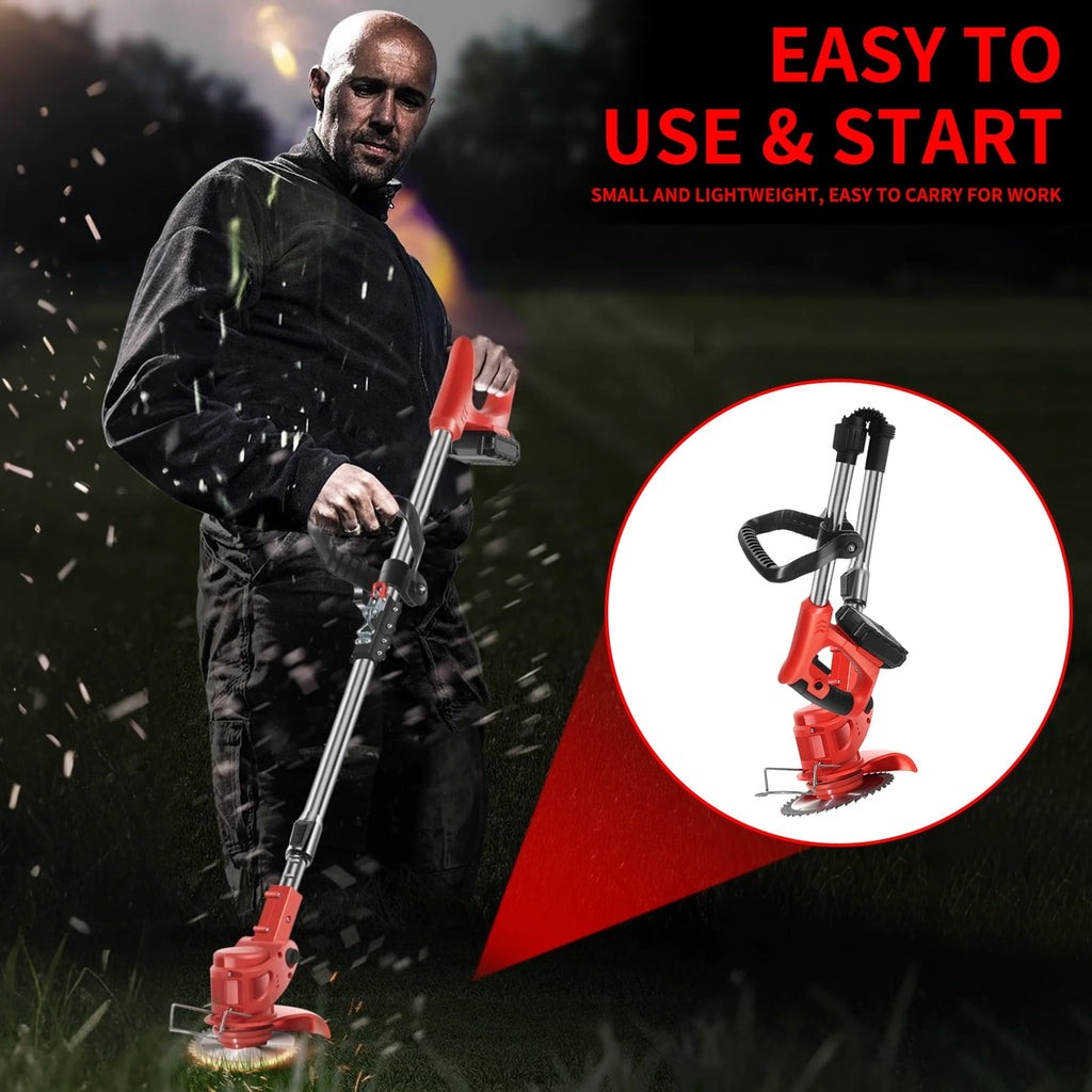 Wheeled grass trimmer: operator holding trimmer outdoors.