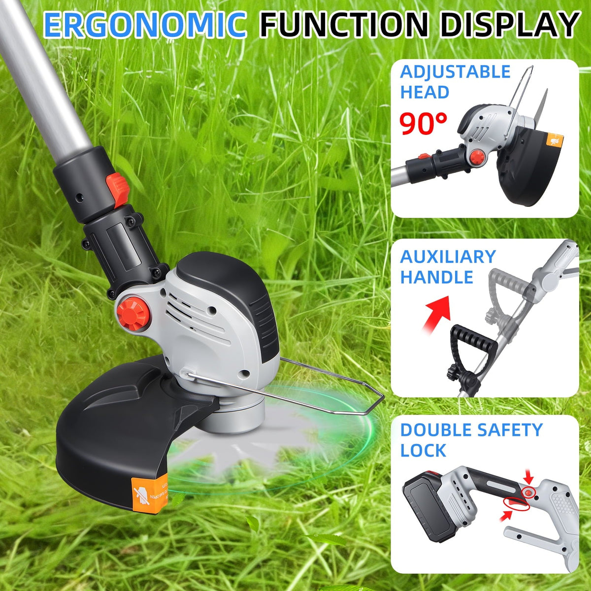 Wheeled cordless string trimmer: head angle grip and safety lock.