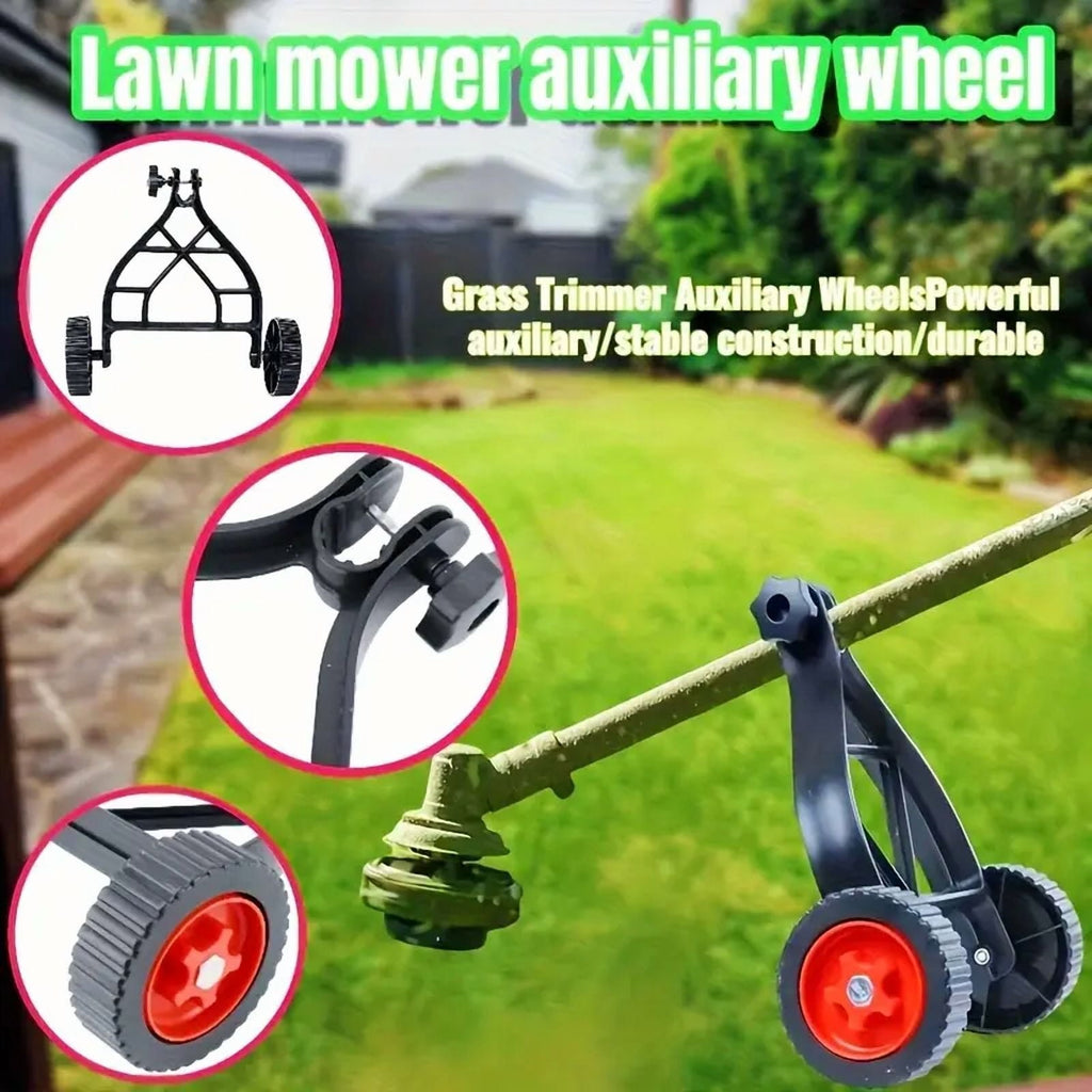 String trimmer support wheels: support wheels mounted to trimmer.