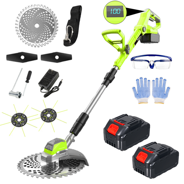 Cordless String Trimmer with Pivoting Head, 2 Batteries, Green