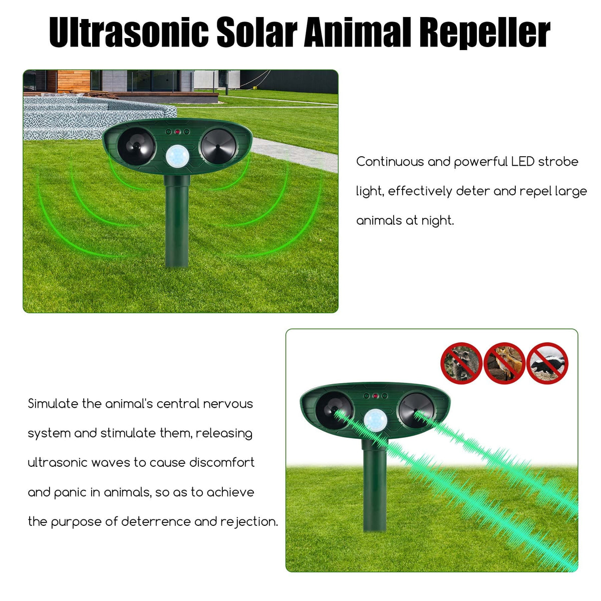 Solar motion activated animal repeller: ultrasonic and LED deterrence illustration.