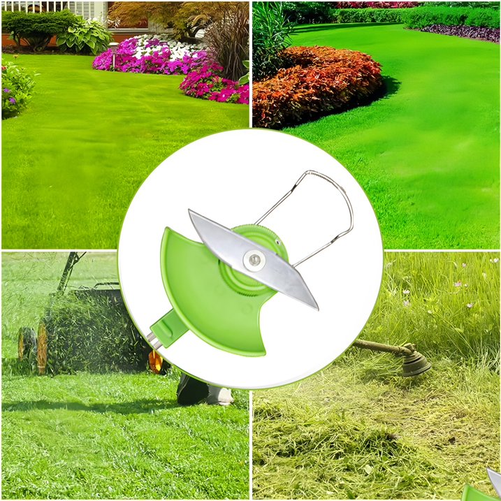 Curved metal trimmer blades: blade mounted beside garden planting.