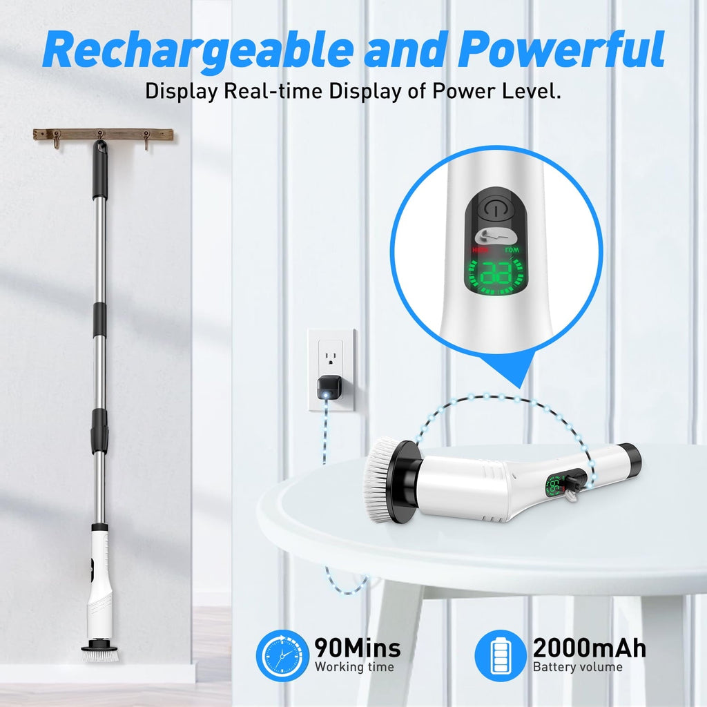 Cordless electric spin scrubber: extended handle and digital display.