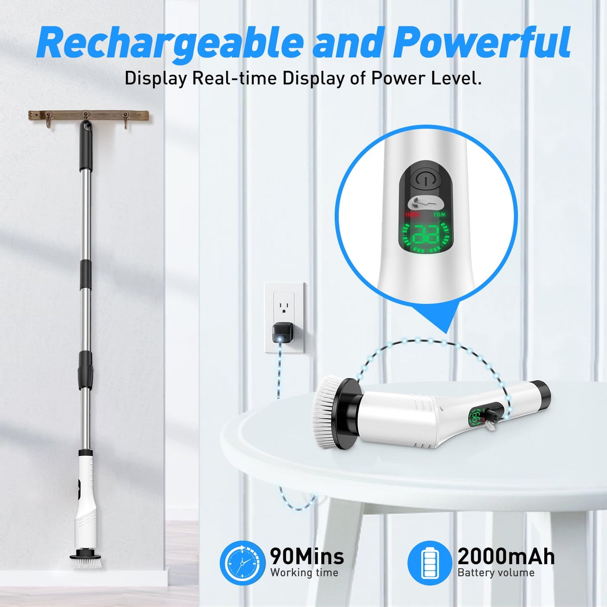 Cordless electric spin scrubber: extended handle and digital display.