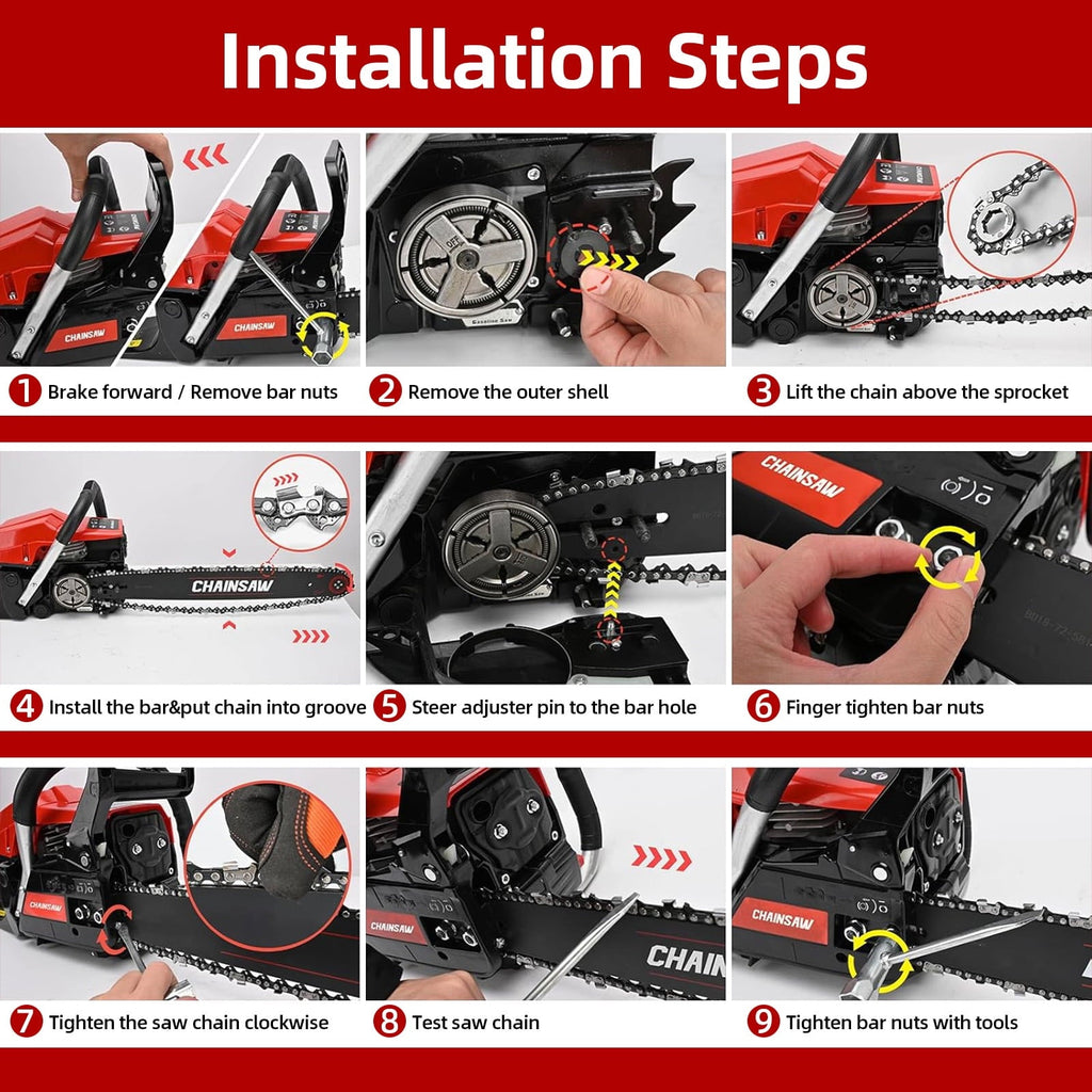 62cc gas chainsaw: bar and chain installation steps.