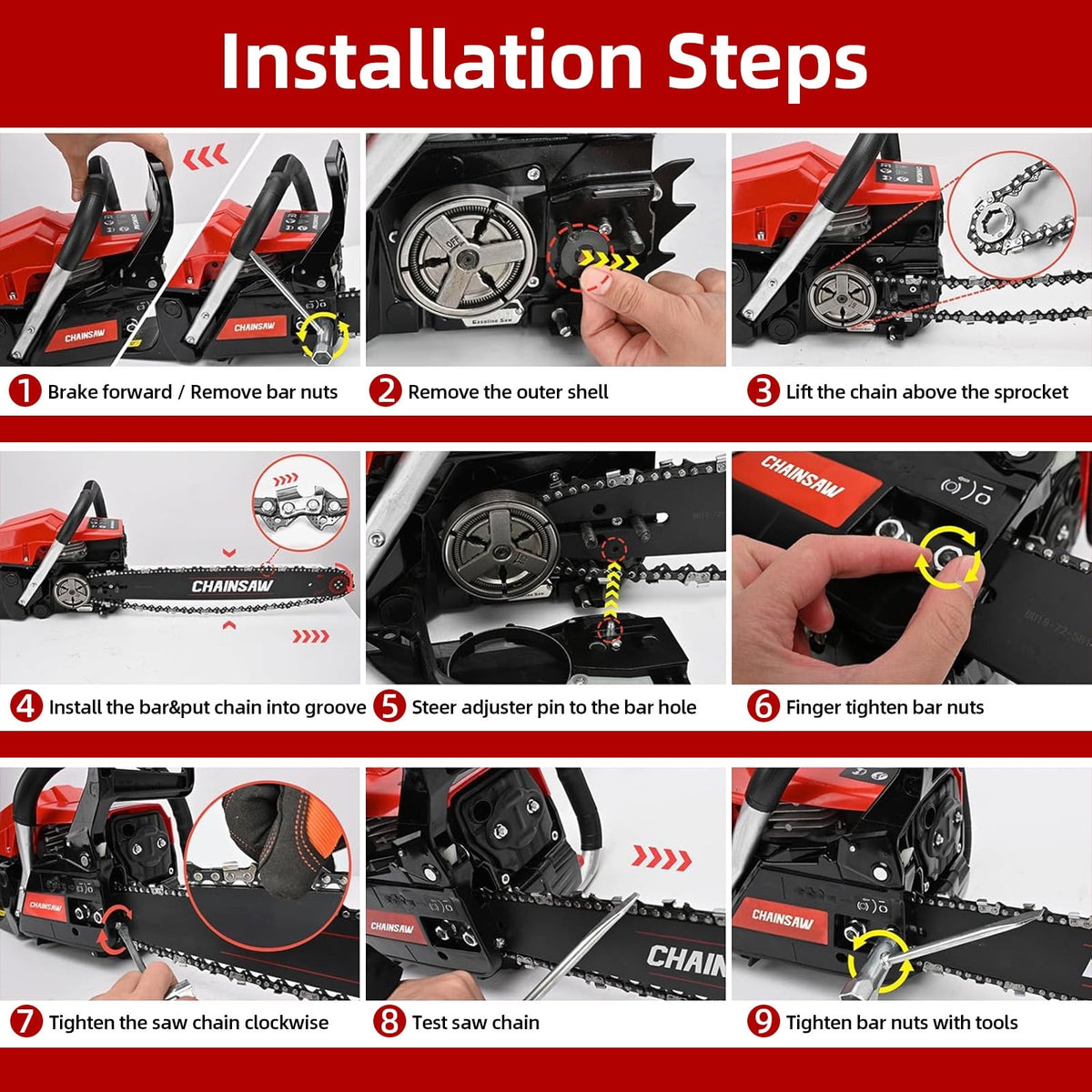 62cc gas chainsaw: bar and chain installation steps.