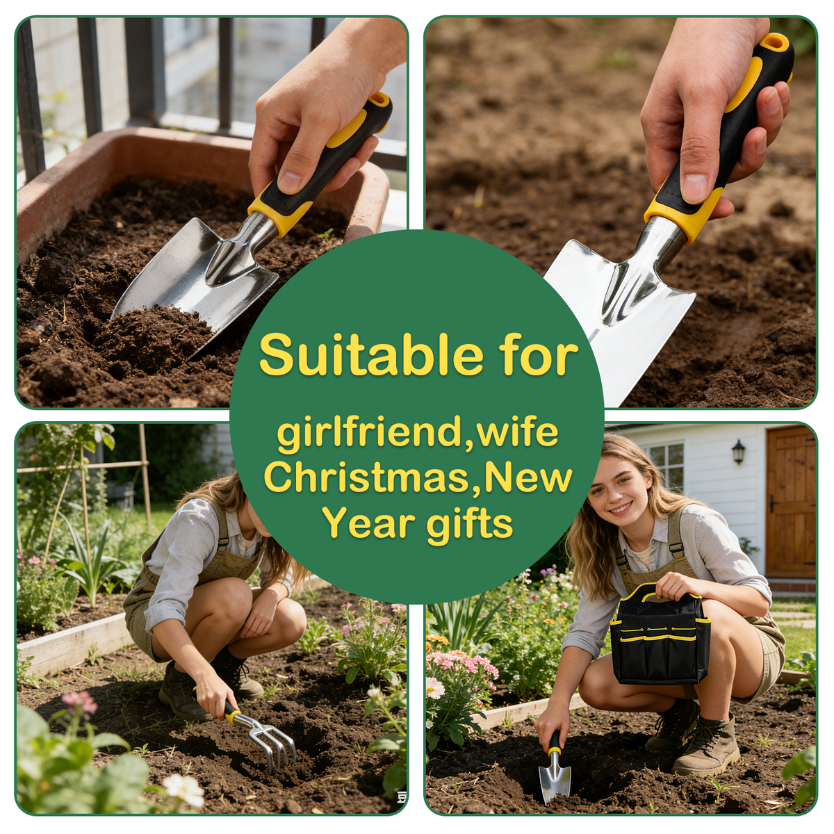 Garden tool set with bag: hand tools used in planting beds.