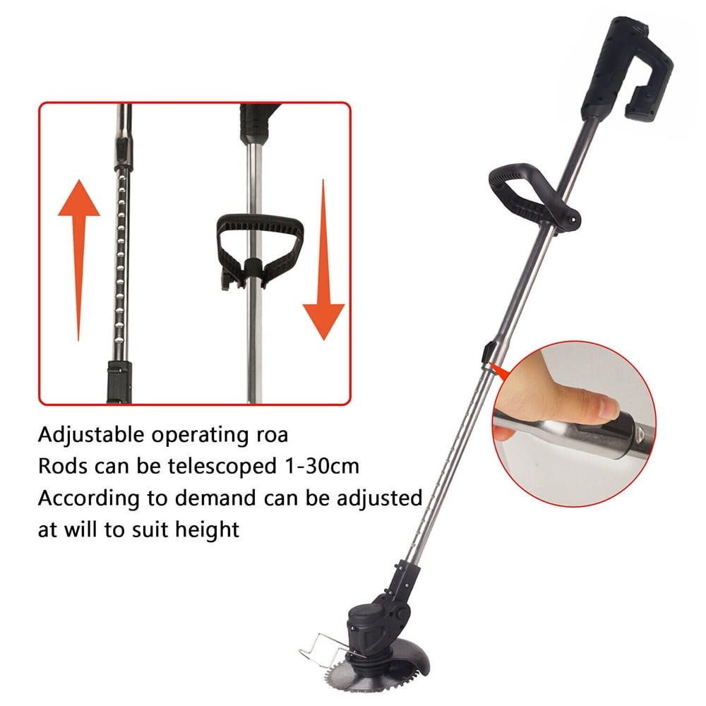 Black cordless grass trimmer: telescopic shaft adjustment.