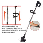 Black cordless grass trimmer: telescopic shaft adjustment.