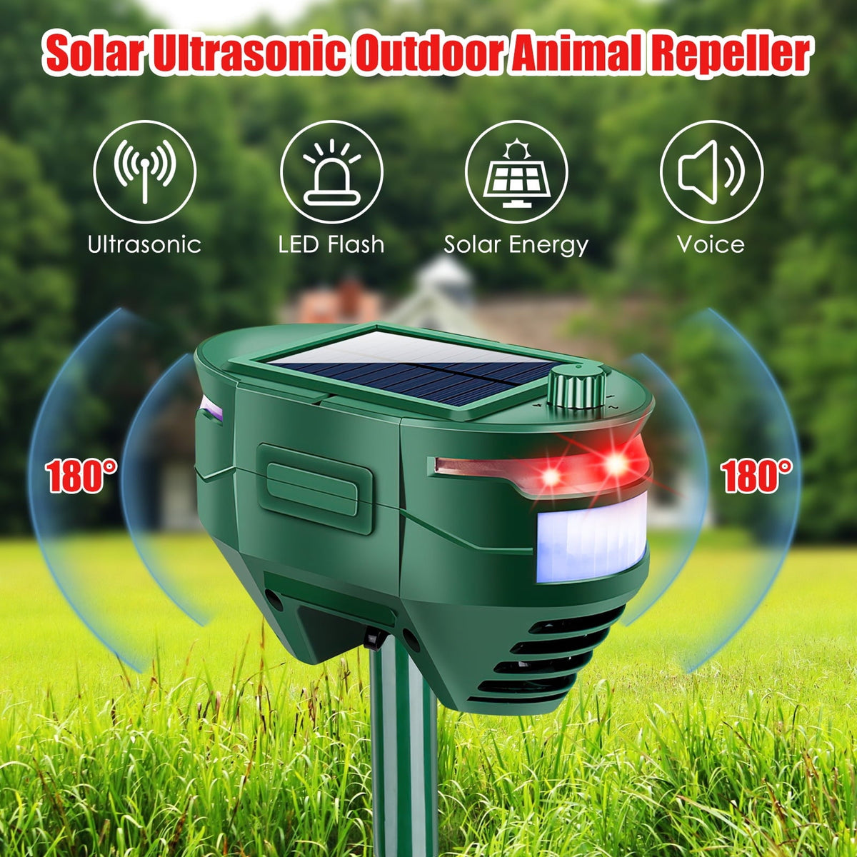 Solar animal deterrent with motion sensor: ultrasonic light and voice functions.