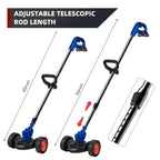 Blue cordless grass trimmer: telescopic shaft adjustment.