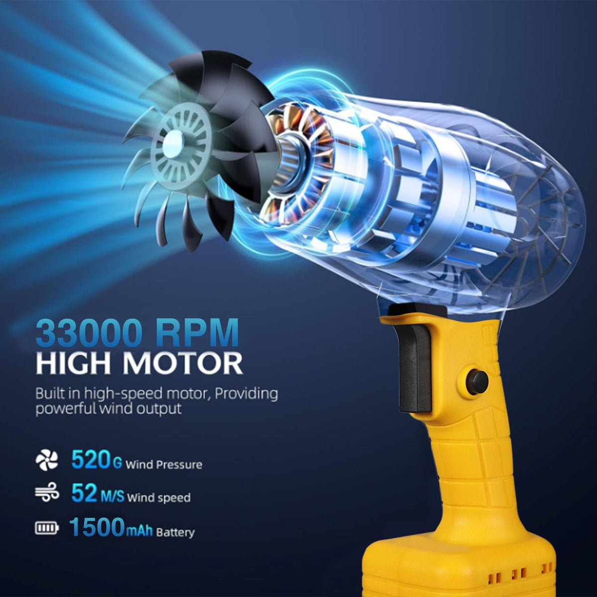 Yellow cordless leaf blower: motor and fan illustration.