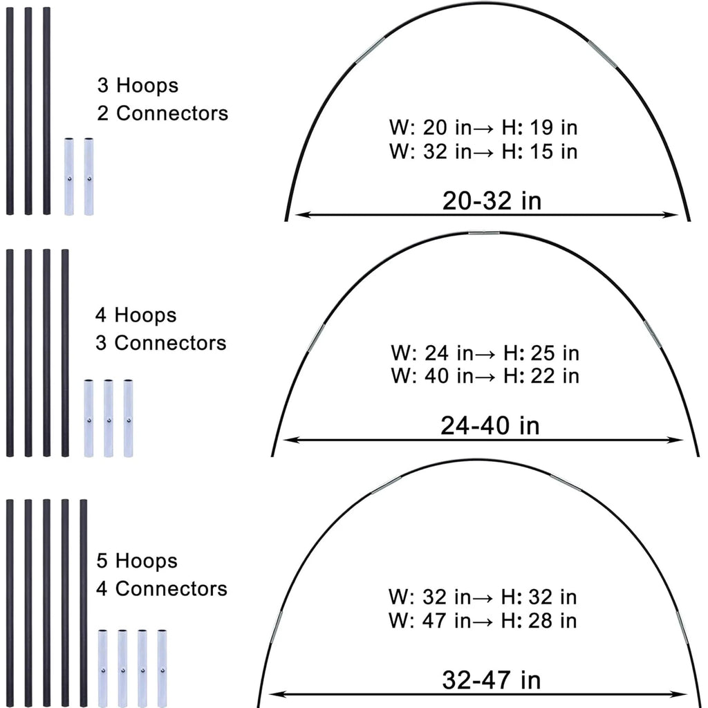 Fiberglass garden hoops: garden hoop width configurations.