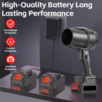 Black cordless leaf blower: battery and charging illustration.