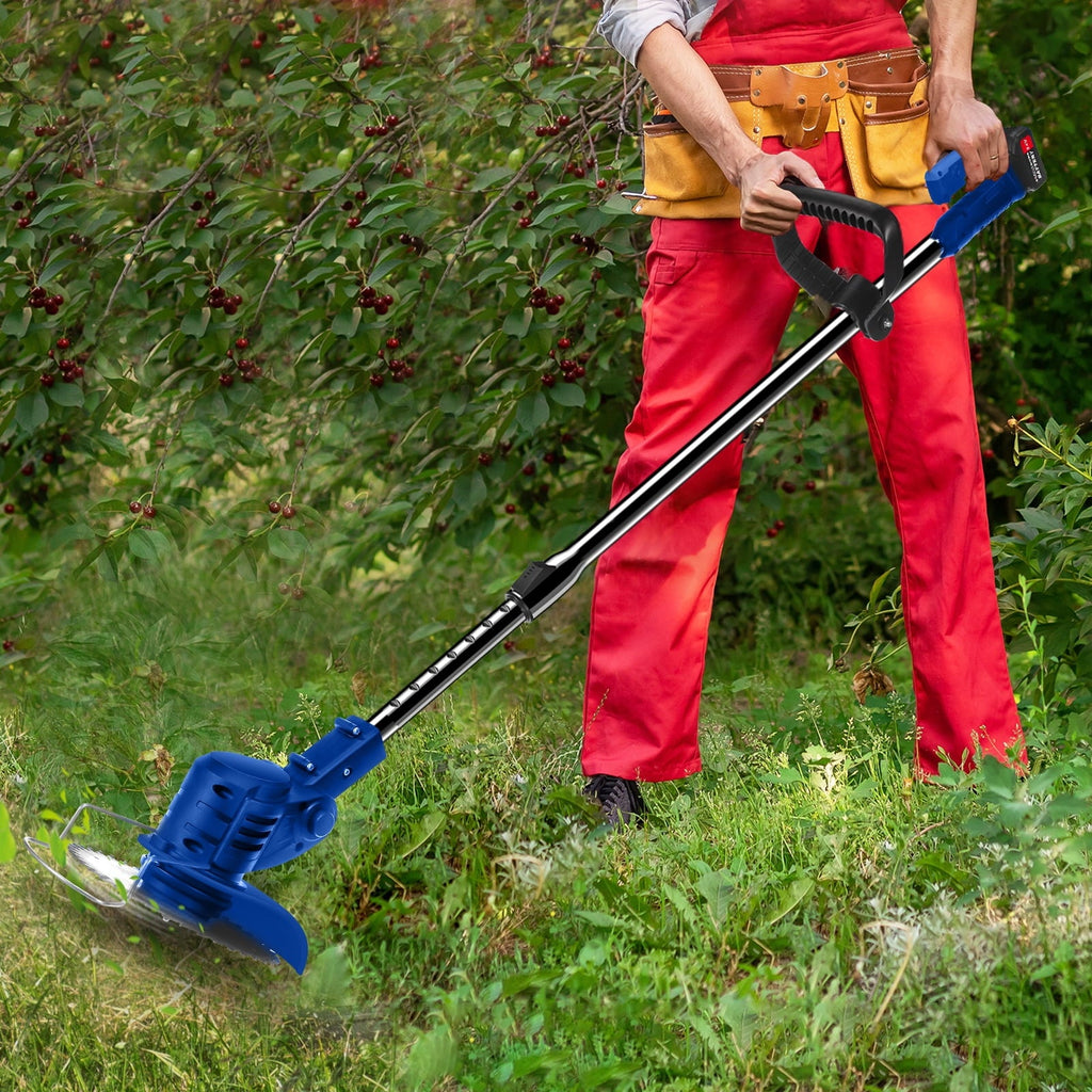 Blue cordless grass trimmer: operator using blue trimmer.