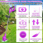 Purple cordless grass trimmer: adjustable cutting head and handle features.