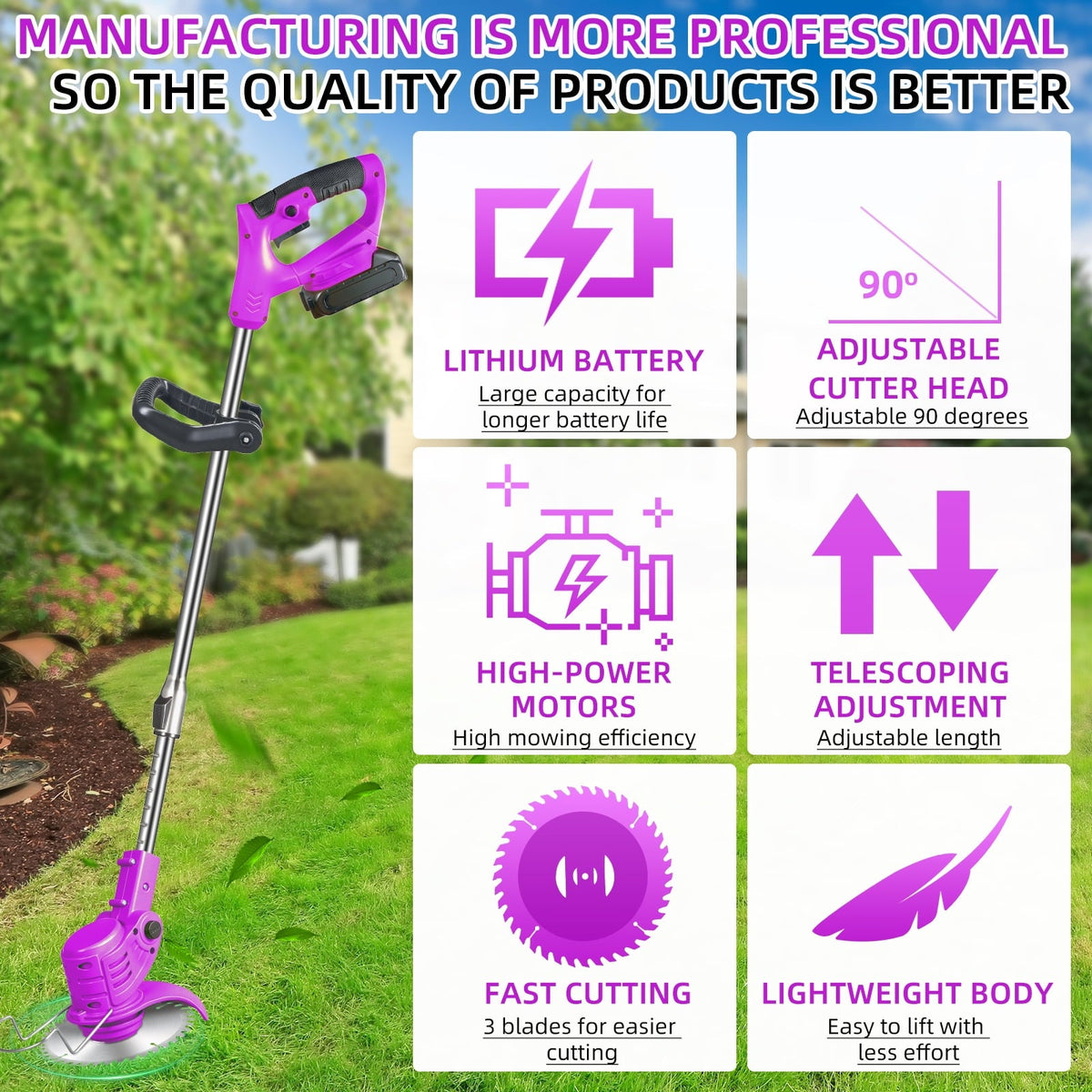 Purple cordless grass trimmer: adjustable cutting head and handle features.