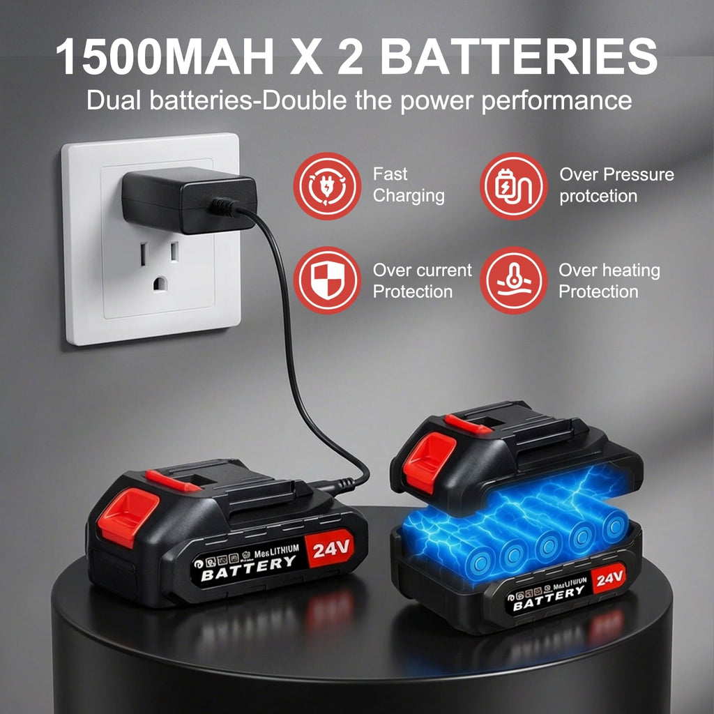 Red cordless leaf blower: battery pair and charger illustration.