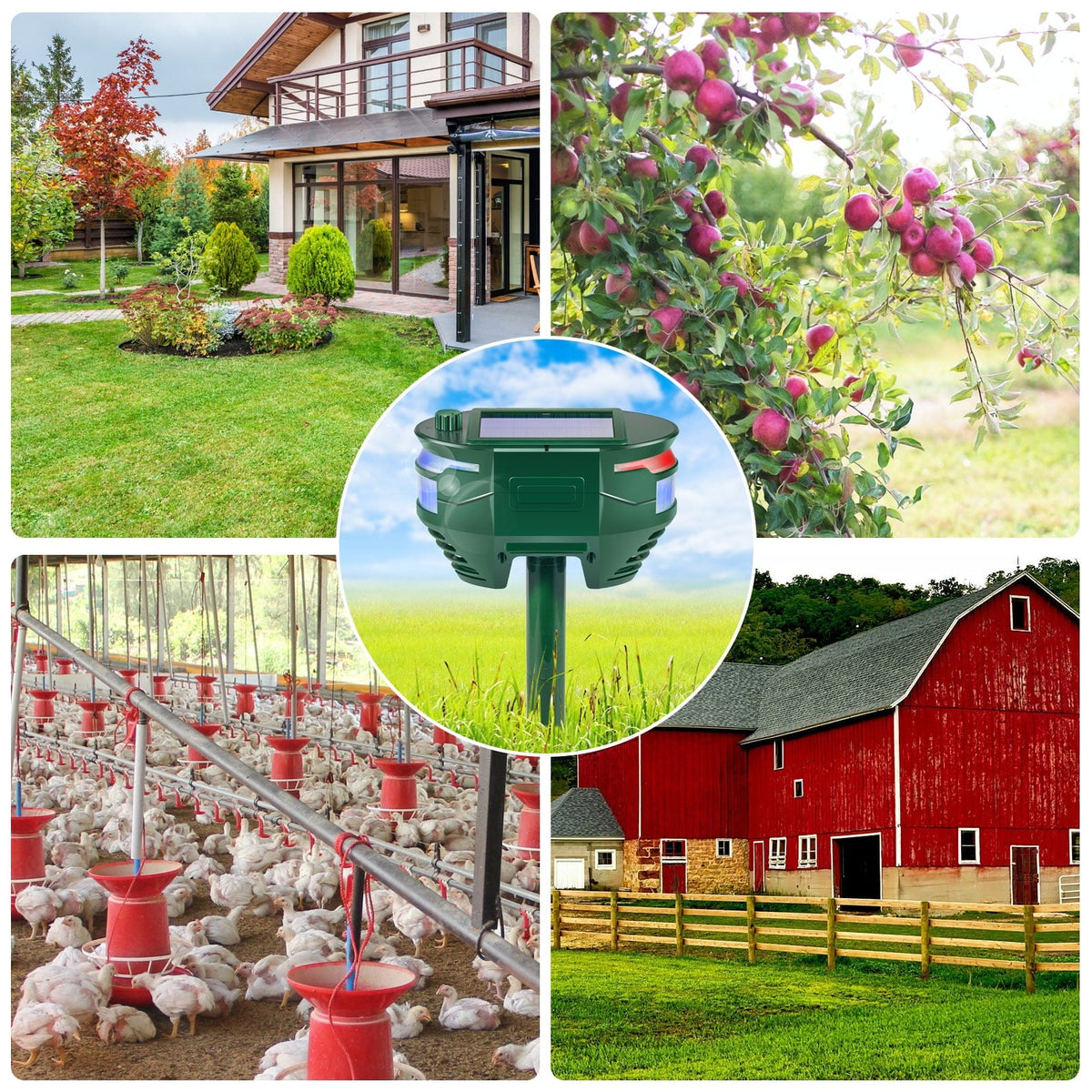 Solar animal deterrent with motion sensor: garden orchard and farm placements.
