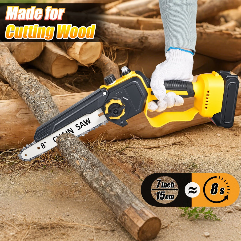 8 inch cordless mini chainsaw: chainsaw cutting wood.
