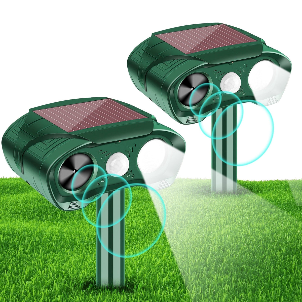 Solar animal repeller 2 pack: two green solar motion-sensor repellers.
