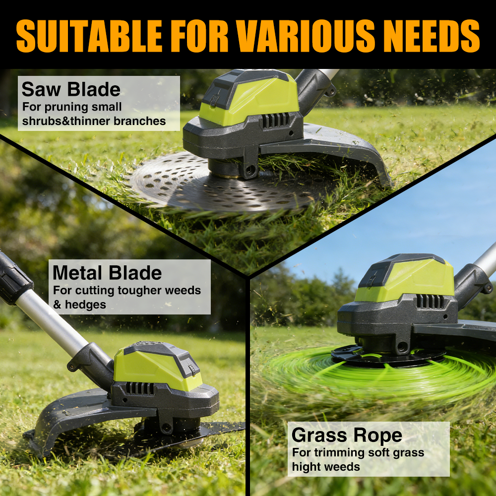 Cordless trimmer with pivoting head: saw metal and line cutting attachments.